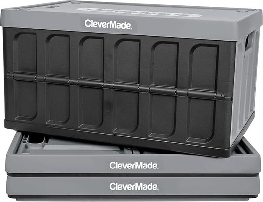CleverMade Collapsible Storage Bins with Lids - Stone 3 Pack 62L - Plastic Containers Stackable Organization Crates Home Closet Space-Saving Durable