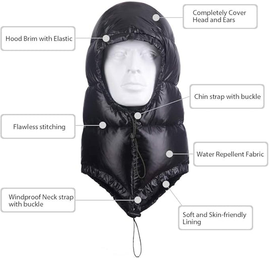 Winter Warm Ultralight Down Hood Waterproof Sleeping Bag Outdoor Camping Windproof Down Cap Hat with Storage Bag