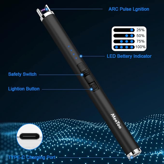 MeeToo Candle Lighter Electric Lighter Rechargeable USB Type-C Lighters for Candle BBQ Camping Fireworks (Black)