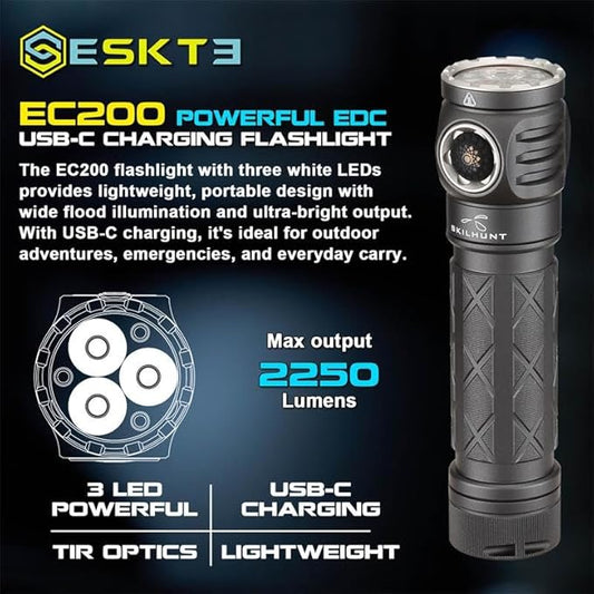 EC200 Powerful EDC 2250 lumens USB-C Rechargeable LED Flashlight - Lightweight, Compact Mini Pocket light Home use Camping Hiking Running Waterproof Outdoor Sports Hands-Free (Cool White 6500K, Grey)