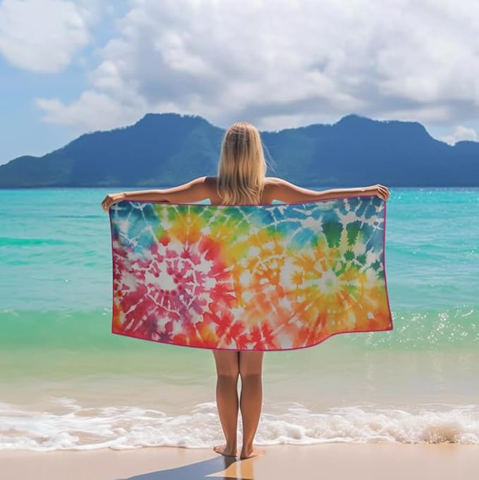 Microfiber Beach Towels - Soft & Lightweight - Absorbent, Quick Dry, Sand Free - Perfect for Beach, Pool, Travel, Camping, Picnic, Yoga - Matching Travel Bag - Large - Rainbow Tie-Dye