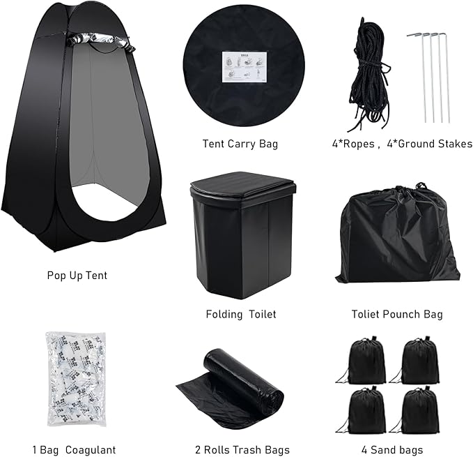 Portable Camping Toilet Kit for Adults, Pop up Privacy Tent, X Large Folding Toilet Potty with Camping Tent, Outdoor Instant Shower Tent Camp Toilet Changing Dressing Room (Black)