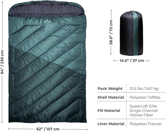 Teton Mammoth Queen Size Double Sleeping Bag- A Warm Bag The Whole Family can Enjoy – Great for Camping, Hunting and Base Camp. Compression Sack Included