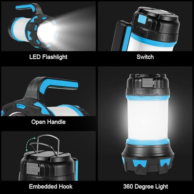 Ainiv Camping Lantern, Rechargeable Flashlight with 1000 LM, 6 Modes LED Torch Outdoor Searchlight Tent Light, IPX5 Waterproof Emergency Light with 4000mAh Power Bank for Outdoor, Hiking - Blue