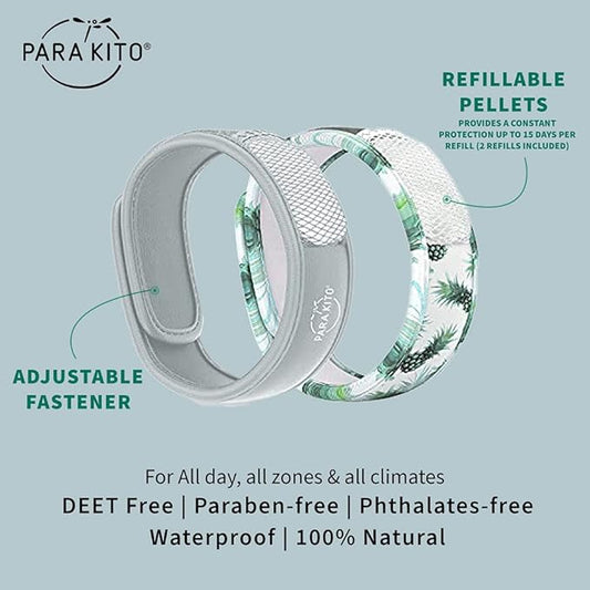 Para'Kito Mosquito Repellent Bracelets + Refill Pellets Bundle | w/Peppermint Oil, Essential Oils | Hiking & Camping Accessories | Paraben Free, DEET Free - 2 Wristbands & 2 Refills (Smokey Grey + Pineapple)