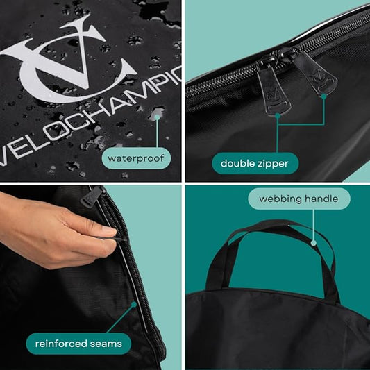 VeloChampion Waterproof Bicycle Wheel Bag Storage Cover | Mountain, Road or Gravel Bike | 650b. 700c. 26” 27.5” 29” Bicycle Wheelset Transport Travel Case (Black, 28.74" (Road) x2)