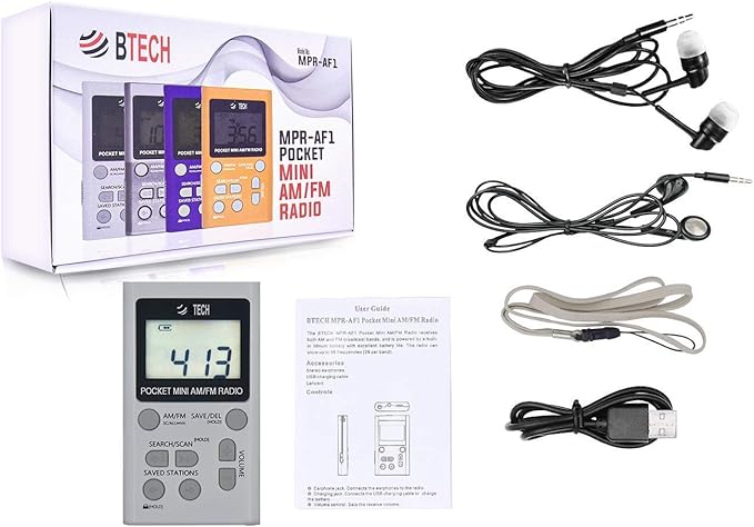 BTECH MPR-AF1 AM FM Personal Radio with Two Types of Stereo Headphones, Clock, Great Reception and Long Battery Life, Mini Pocket Walkman Radio with Headphones (White)
