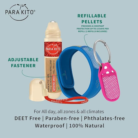 PARA'KITO Mosquito Repellent Bundle - 1 Roll-on | 1 Wristband | 1 Clip (Roll-on + Blue + Pink)