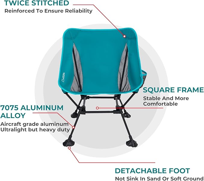 ATEPA Backpacking Chair, Ultralight Folding Portable Small Camping Chairs for Adults Compact Foldable Beach Seat with Anti-Sinking Feet & Aluminum Frame for Outdoor Hiking Travel Fishing