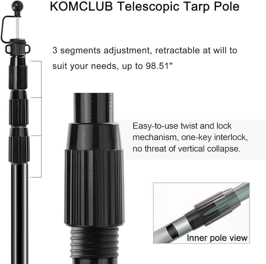 KOMCLUB Telescoping Tarp Poles Adjustable Tent Poles for Tarp Heavy-Duty Design Portable & Lightweight Fiberglass Tent Poles for Shelter Camping Awning 4 Sections Adjustable to 98.51 in(Set of 2)