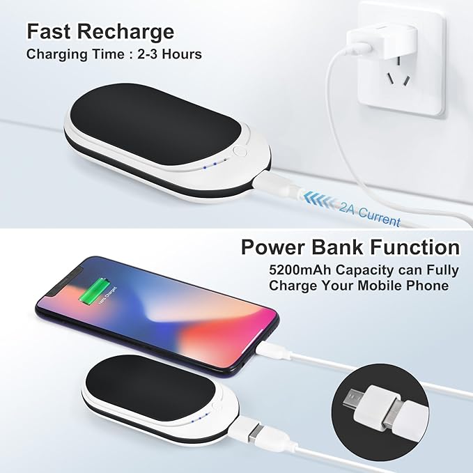 Rechargeable Hand Warmer, 1 Piece 5200mAh with Double Sided Heating, Reusable Portable Mini Heater, Temperature Adjustable Suitable for Hand and Foot Warming, Hunting Camping Hand Warmer