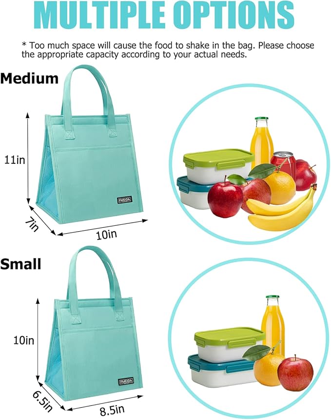 Fmeida Insulated Lunch Bag for Women, Simple Lunch Bag, Thermal Adult Lunch Totes, Reusable Lunch Boxes for Office College Beach Travel | Medium Mint Blue, Front&Side&Interior Pockets