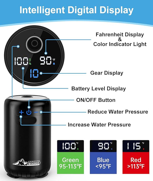 WADEO Portable Shower for Camping, 6000mAh Rechargeable Camping Shower with Fahrenheit Display, 10 Gear Switching, IPX8 Waterproof, Ideal for Outdoor Camping, Travel, Car Washing, Pet Bathing