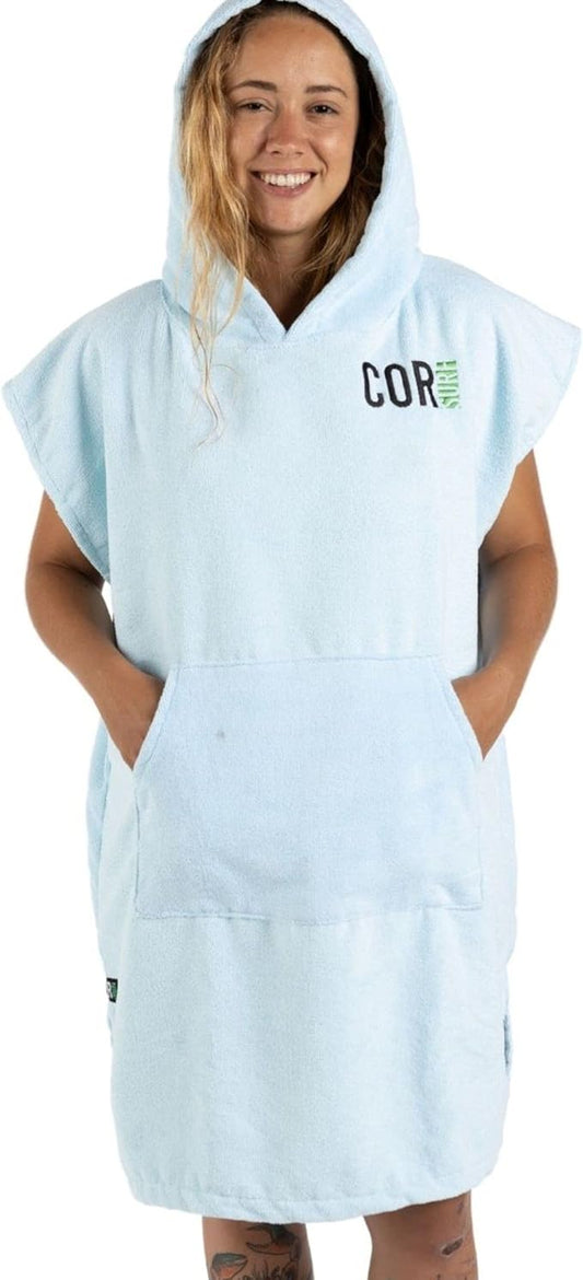COR Surf Poncho Changing Towel Robe with Hood and Front Pocket, Made of Quick Dry Microfiber (Light Blue - Medium)