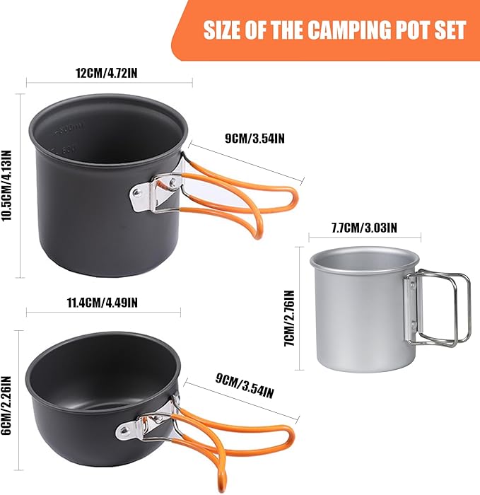 Camping Cooking Set Camping Cookware Outdoor Aluminum Mess Kit with Frying Pan, Pot with Lid, 1.2L Kettle Set and 2 Stainless Steel Plate, 2 Folding Cups and 2 Set Knives Spoons for Backpacking Picnic