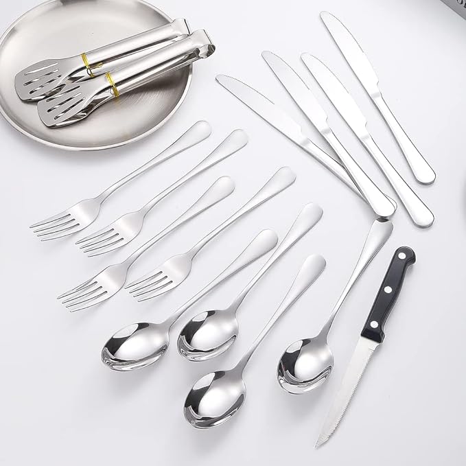 Camping Silverware Silver Picnic Plates and Utensils Set for 4 Portable Tableware Stainless Steel Flatware 20 Pieces With Organizer Bag Reusable Durable