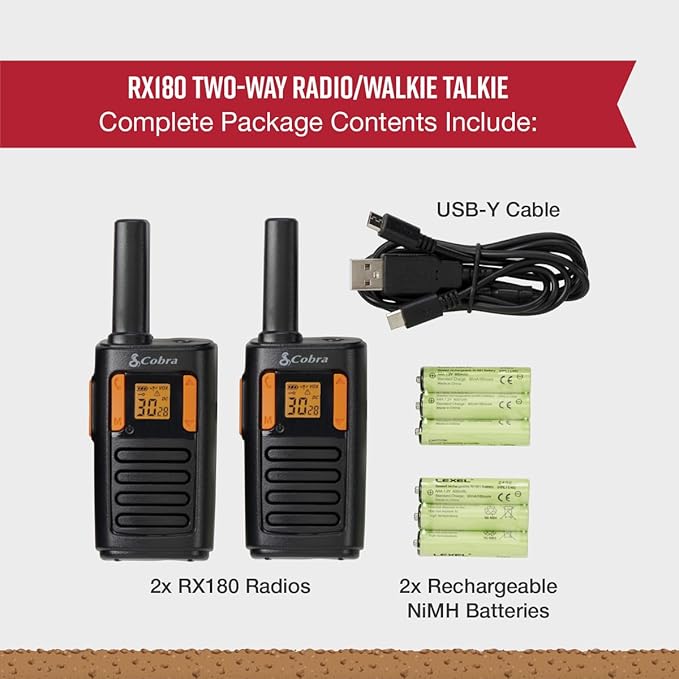 Cobra RX180 Walkie Talkies – 18-Mile Long Range Signal, 22 Preset Channels, NOAA Weather Alerts, 10 Call Tones, Voice-Activated, Compact and Reliable, 2-Pack, Orange/Black