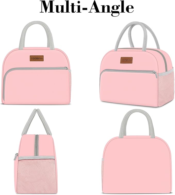 Coobiiya Lunch Bag for Women Men, Insulated Reusable Picnic Bag, 10.8"L x 6.3"W x 8.85"H, Pink