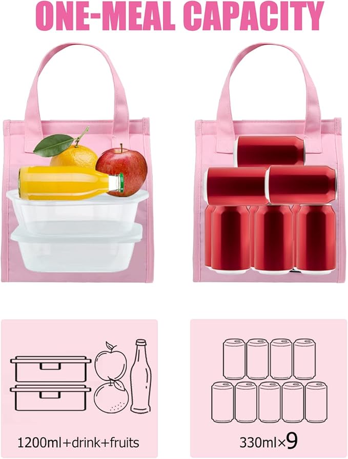 Fmeida Insulated Lunch Bag for Women, Pink, Reusable Adult Lunch Box for College, Picnic, Beach | Front & Side Pockets