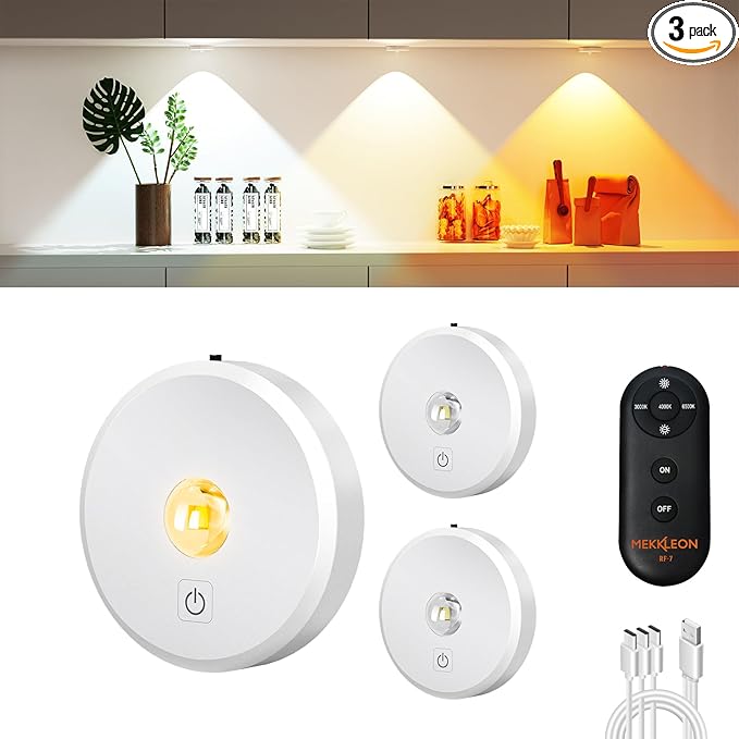 Puck Lights with Remote Control,2000mAh Rechargeable Under Counter Lighting,3 Color Temperatures Dimmable Under Cabinet,Closet Light,3Pack Tap Light for Hallway (White, 3 Pcs)