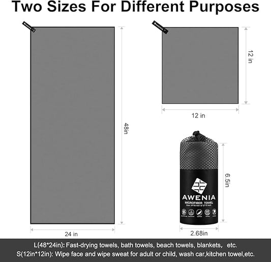 Awenia Camp Towel 2 Pack,Quick Dry Microfiber Towel, Compact Travel Towel for Gym, Sports, Hiking, Backpacking, Beach,Yoga,Swimming with Carry Bag