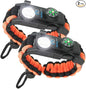 Survival Paracord Bracelet - Tactical Emergency Gear Kit with SOS LED Light, 550 Grade, Adjustable, Multitools, Fire Starter, Compass, and Whistle - Set of 2