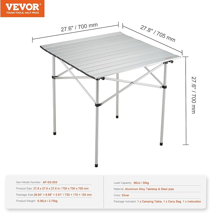 VEVOR Folding Camping Table, Outdoor Portable Side Tables, Lightweight Fold Up Table, Aluminum Ultra Compact Work Table with Carry Bag, for Cooking, Beach, Picnic, Travel, 24x16 inch, Silver