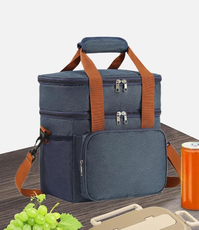 Double Layer Insulated Cooler Lunch Bag – Leakproof Thermal Food Storage Tote with Shoulder Strap – Large Capacity for Work, Travel, or Picnic – Available in Gray, Black & Navy Blue