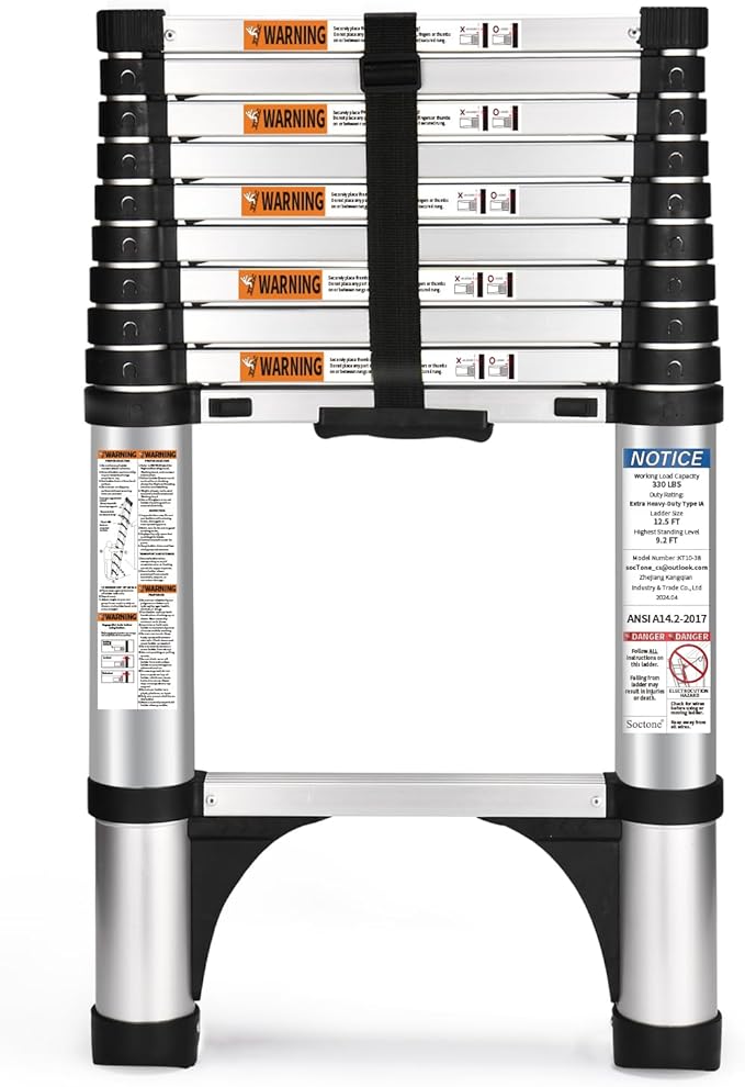 Soctone Telescoping Ladder, 10.5 FT Button Retraction Aluminum Extension Ladder with 2 Triangle Stabilizers, Multi-Purpose Ladder with Slow Down Design, 330lbs Max Capacity for House Daily Life