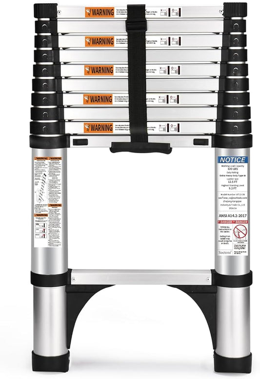 Soctone Telescoping Ladder, 10.5 FT Button Retraction Aluminum Extension Ladder with 2 Triangle Stabilizers, Multi-Purpose Ladder with Slow Down Design, 330lbs Max Capacity for House Daily Life
