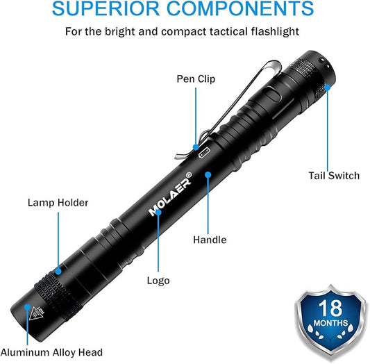 Pen Light Flashlight, 2-Pack B16 LED Pocket PenLight with Clip, 3 Lighting Modes, Small, Mini, Waterproof, Great for Camping, Work, Repair, Emergency (4 × AAA Battery Included)