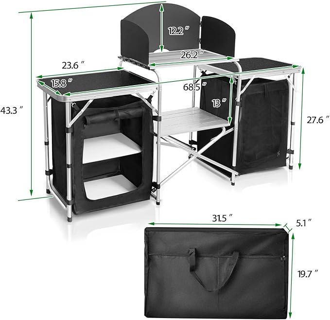Portable Aluminum Camping Kitchen Table with 2 Storage Cupboards & Bags, Camping Cook Station Ideal for Beach RV Traveling Camp Kitchen (Black)