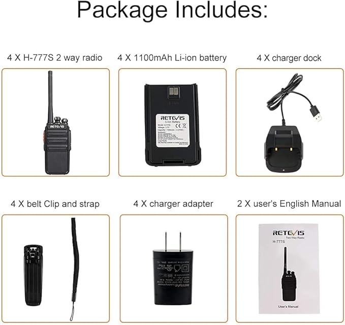 Retevis H-777S Two Way Radios Rechargeable, Walkie Talkies Long Range, 2 Way Radio, VOX Handsfree, Durable, for Worker Office Camping Hiking(4 Pack)