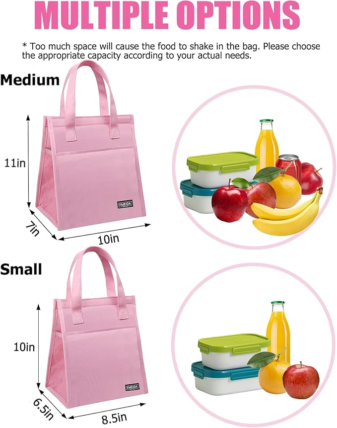 Fmeida Insulated Lunch Bag for Women, Pink, Reusable Adult Lunch Box for College, Picnic, Beach | Front & Side Pockets