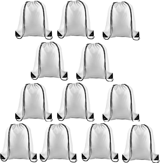 KUUQA 12 Pcs Drawstring Backpack Bags Bulk White Drawstring Bag Foldable Gym Bag Sports Cinch Sack String Backpack Storage Bags for Women Men Shopping Gym Travel Sports
