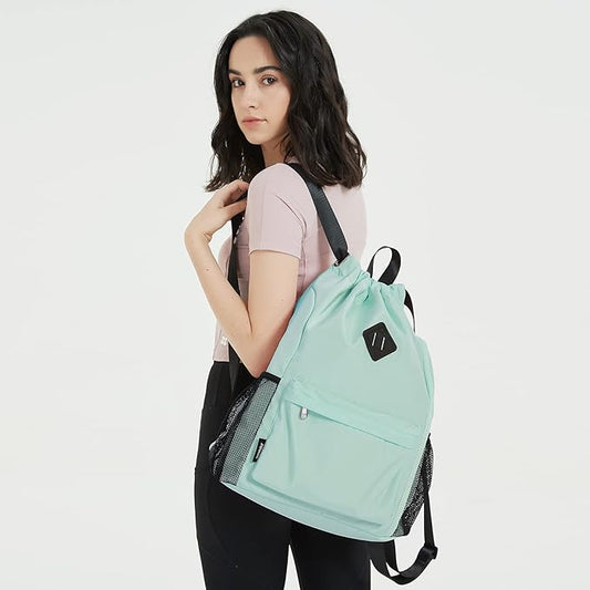 WANDF Drawstring Backpack Sports Gym Bag with Shoes Compartment, Water-Resistant String Backpack Cinch for Women Men (Large,Mint green)