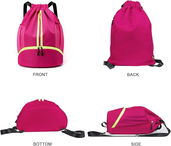 Drawstring Backpack Sports Gym Sackpack with Side Mesh Pockets Shoe Compartment Water Resistant String Bag for Women Men (Rose Red)