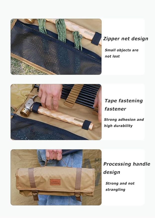 Tent Stakes Storage Bag Max 14.96"/38cm in Length Color Khaki, Suitable for Camping Hammer Set