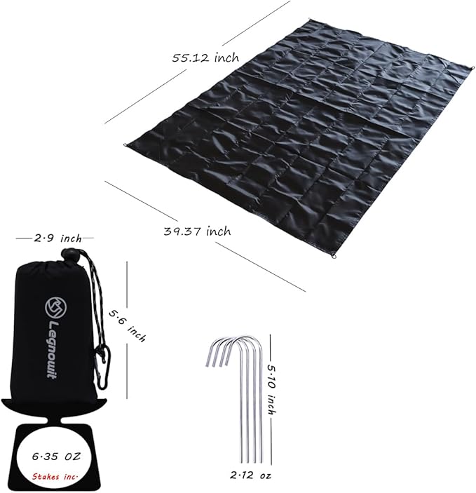Outdoor Pocket Blanket, Packable Compact Lightweight Blanket Tarp, Small Beach Blanket Sandproof Waterproof, Fast Dry Ground Cover for Picnic Concert Festival Camping, Stakes Included (Black)