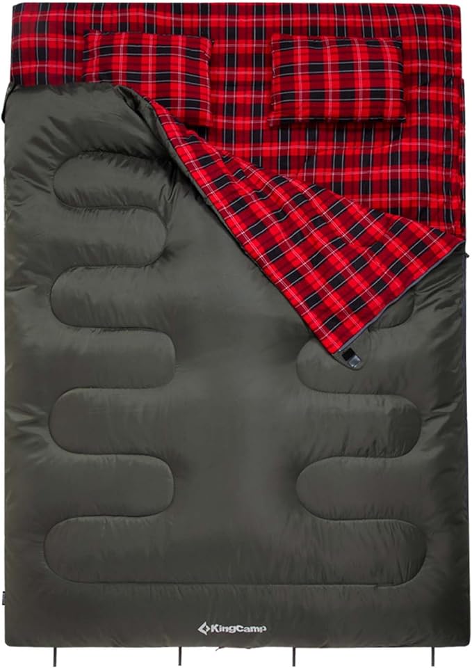 KingCamp Double Sleeping Bag for Adults, Queen Size 2 Person XXL Flannel Sleeping Bag, Waterproof Lightweight Flannel Quilt with 2 Pillows, Perfect for Couples Family Camping Hiking