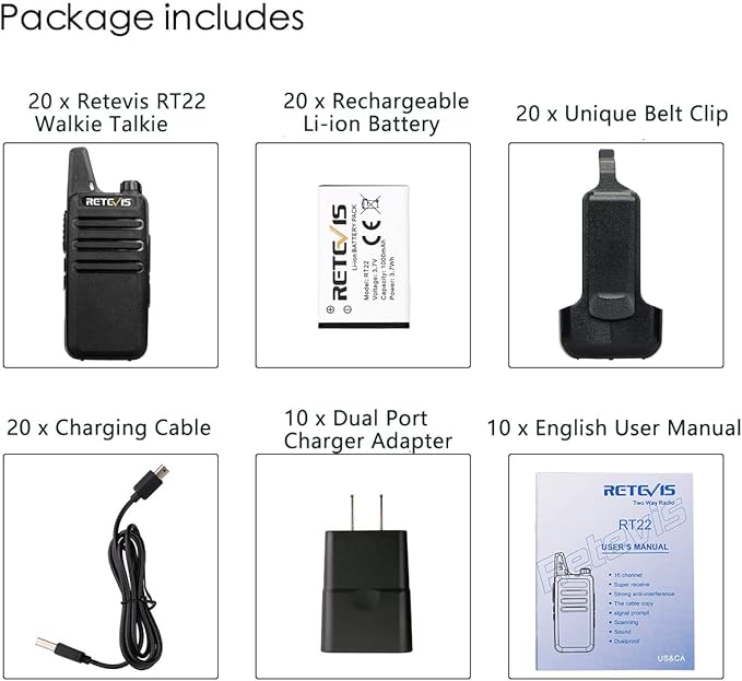 Retevis RT22 Walkie Talkies Mini, Rechargeable Two Way Radio Long Range, 2 Way Radio Small, Portable VOX, for Business Commercial Work School Church Restaurant (20 Pack,Black)