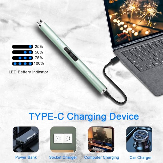 MeeToo Candle Lighter Electric Lighter Rechargeable USB Type-C Lighters for Candle BBQ Camping Fireworks (Green)