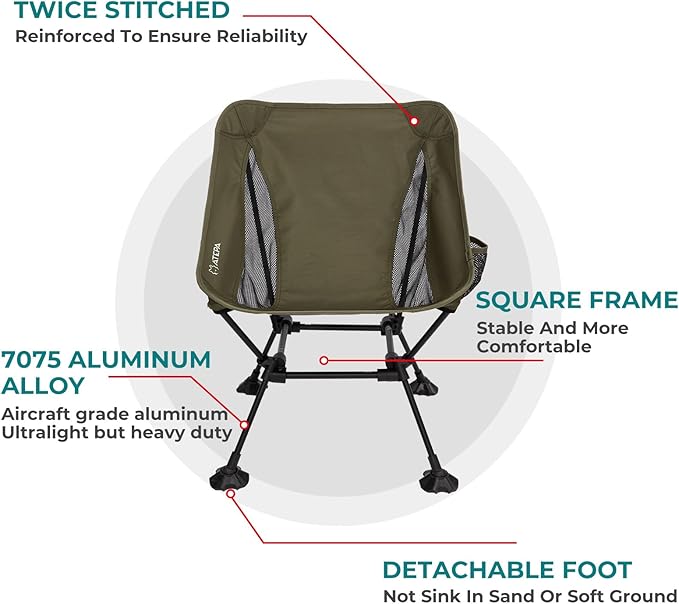 ATEPA Backpacking Chair, Ultralight Folding Portable Small Camping Chairs for Adults Compact Foldable Beach Seat with Anti-Sinking Feet & Aluminum Frame for Outdoor Hiking Travel Fishing
