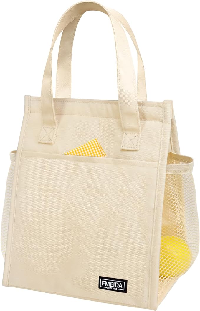 Fmeida Insulated Lunch Bag Women, Simple Lunch Tote Bags, Waterproof Thermal Cooler Lunch Bag, Reusable Adult Lunch Box Bag for Women | Small Beige, Front&Side&Interior Pockets