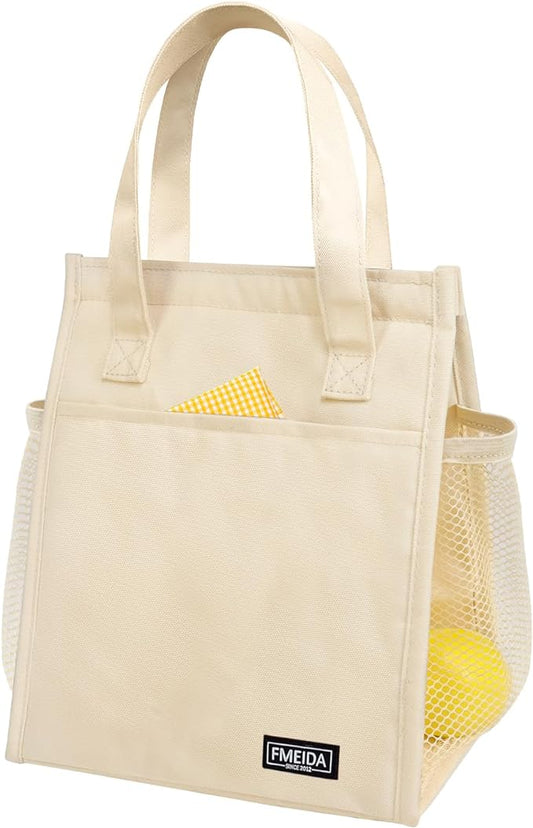 Fmeida Insulated Lunch Bag Women, Simple Lunch Tote Bags, Waterproof Thermal Cooler Lunch Bag, Reusable Adult Lunch Box Bag for Women | Small Beige, Front&Side&Interior Pockets