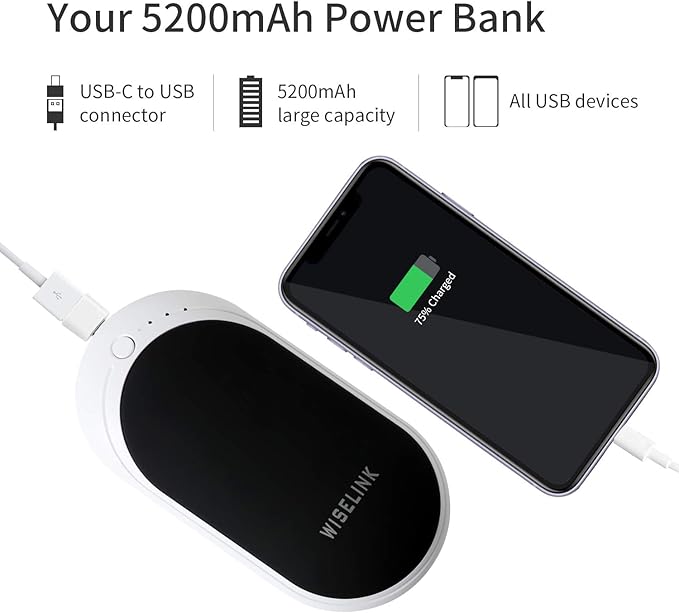 Rechargeable Hand Warmer, 5200mAh Electric Hand Warmers Reusable, Portable USB Power Bank, Double-Sided Quick Heating Handwarmer for Hunting, Golf, Camping, Skiing, Winter Gift for Women, Men