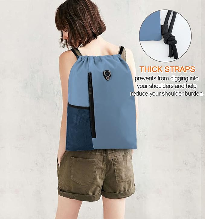 Drawstring Backpack Sports Gym Bag for Women Men Large Size With Two Zipper Pockets and Water Bottle Mesh Pockets