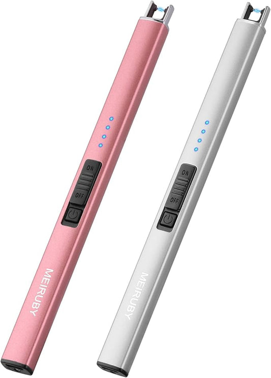 MEIRUBY 2 Pack Lighter Electric Candle Lighter Long Electronic Rechargeable USB Lighter Arc Windproof Flameless Lighters for Candle Camping BBQ Birthday Gifts for Women Mom Wife Men