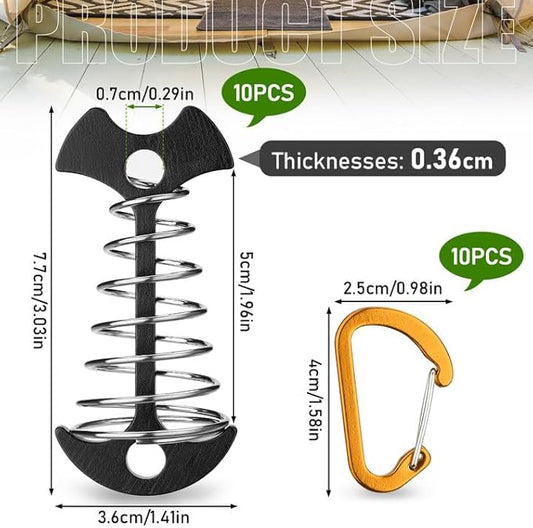 TOBWOLF 10PCS Black Fishbone Deck Anchor Pegs with Carabiners, Aluminium Deck Tie Down Tent Stakes, Windproof Tent Rope Tighteners with Spring Buckle, Outdoor Camping Hiking Cord Adjuster Tensioners