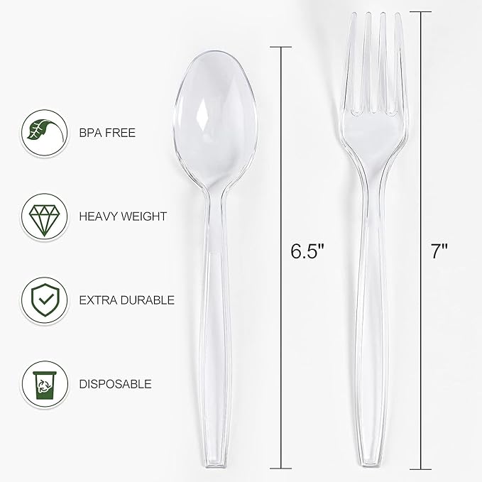 [400 Count] Clear Plastic Forks and Spoons Set Bulk - Heavy Duty Disposable Spoons and Forks Silverware, Plastic Utensils Cutlery Set for Party